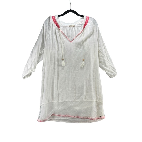 Roxy Tops - Roxy M White Boho Tunic Top Sheer Lace Mesh Pink Stitch Tassel Beach Cover Up